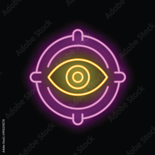 Neon sign illuminating a stylized eye inside a crosshair, symbolizing eye tracking technology