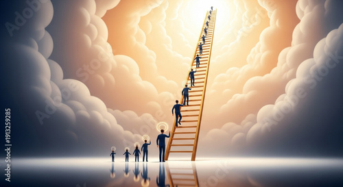 People climbing a ladder to success in a dreamy cloudy sky with sunlight
