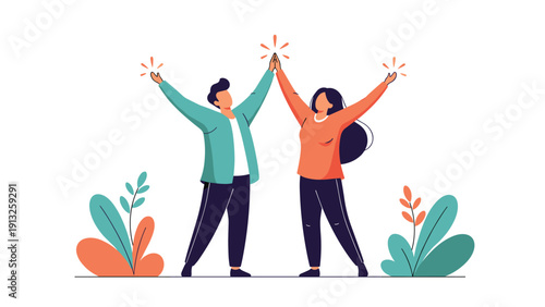 Man and woman celebrate their success with an enthusiastic high-five surrounded by botanical plants and leaves.