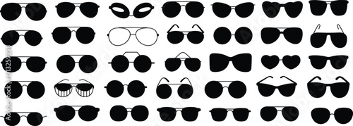 Collection of black sunglasses silhouettes isolated on white background, eyewear icon set for fashion, summer, retro, and lifestyle design concepts