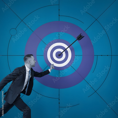 Businessman launching startup rocket icon toward target, representing business growth, innovation, future strategy, goal achievement, and success in digital transformation.