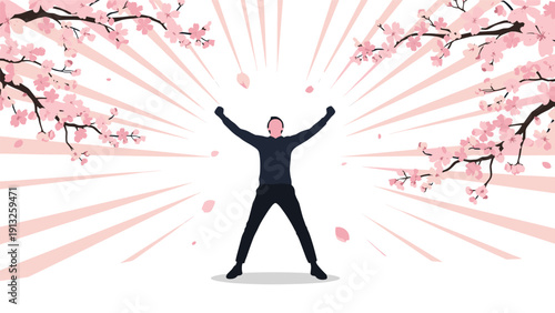 Silhouetted person celebrates with arms wide open under beautiful cherry blossom trees with falling pink petals.