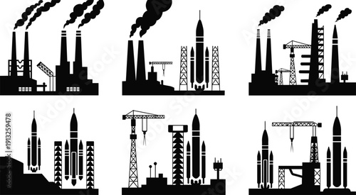 Industrial factory and rocket launch silhouettes collection showing manufacturing plants space technology and heavy industry black vector illustration isolated