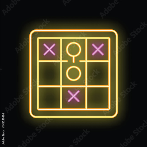 Brightly glowing yellow and pink neon sign showing the classic game of tic tac toe