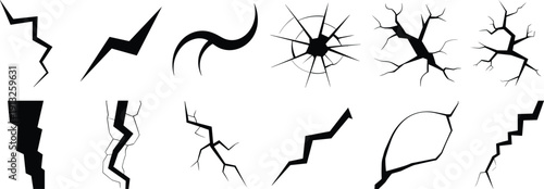 Crack and Lightning Bolt Silhouettes Set Broken Glass Ground Fissure Black Vector Illustration Collection Isolated on White Background