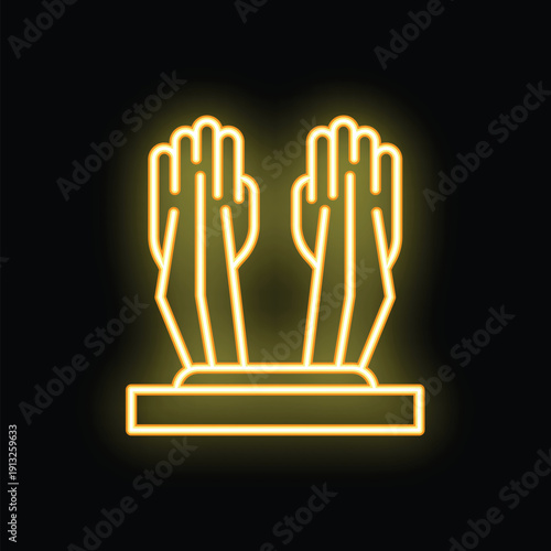 Yellow neon icon of zombie hands rising from grave on black background