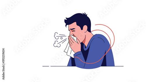 Man suffering from a cold or seasonal allergies sneezes into a tissue with visible air spray lines from illness.