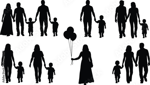 Family silhouette collection showing parents and children walking holding hands lifestyle scenes isolated black vector illustration for love unity concept design