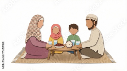 A heartwarming illustration of a Muslim family breaking their fast during Ramadan, sharing an Iftar meal together, depicting unity and tradition