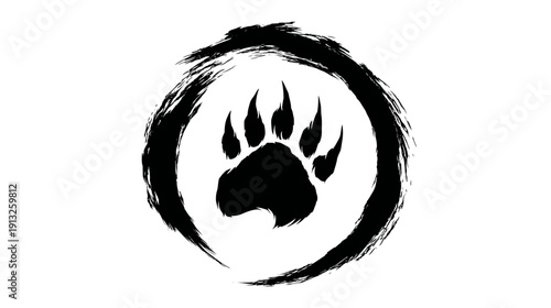 A black bear paw print inside a swirling brushstroke circle on a white background