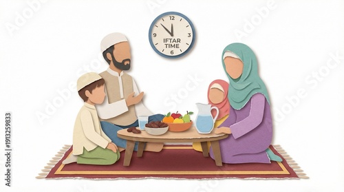 Muslim family gathered for Iftar, sharing a traditional meal to break their fast during Ramadan, symbolizing togetherness, blessings, and spiritual reflection