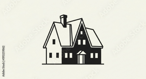 Black and white illustration of a two story house with a chimney and snow covered roof on a beige background