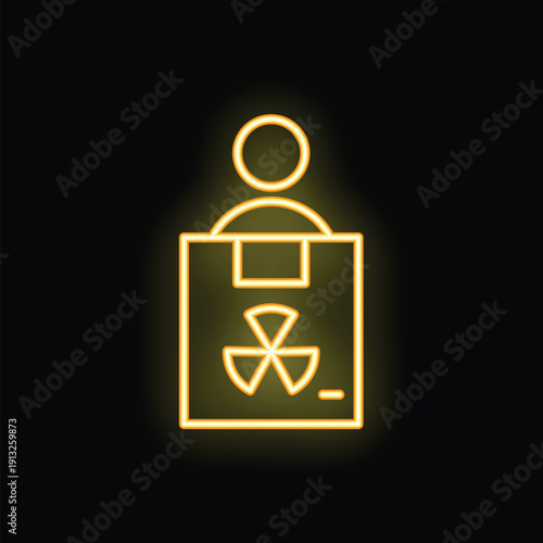 Yellow glowing neon icon of a person holding a hazardous waste container on a black background