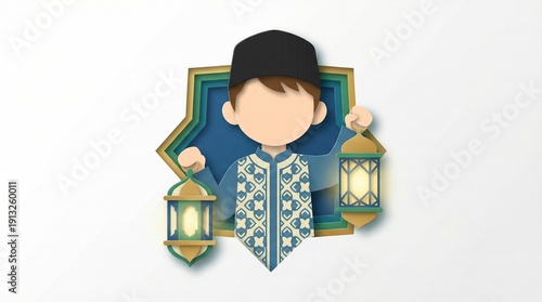 Charming 3D illustration of a boy in cultural dress holding beautiful ornate lanterns, symbolizing festive traditions and happiness during a special celebration