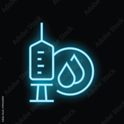 Glowing blue neon icon of a syringe injecting liquid drops, representing concepts like vaccination and medical treatment