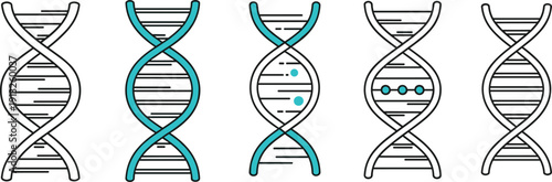 DNA double helix icons set in line style showing genetic structure, biotechnology research, molecular biology concepts, and modern medical science illustration