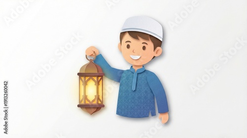 A young boy holding a lantern with a glowing light, celebrating a festival or religious occasion