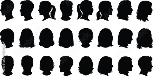WebMale and female head profile silhouettes collection showing different hairstyles, black vector illustration isolated on white background for avatar, identity, design use