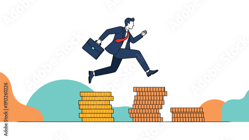 Ambitious businessman in a suit jumping over rising stacks of gold coins representing financial growth and career success.
