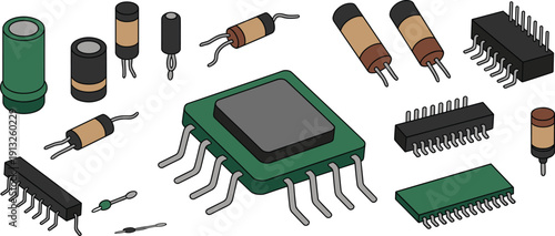 Electronic components isometric illustration showing microchip resistors capacitors and integrated circuits vector design for technology education engineering diagrams manuals and creative projects