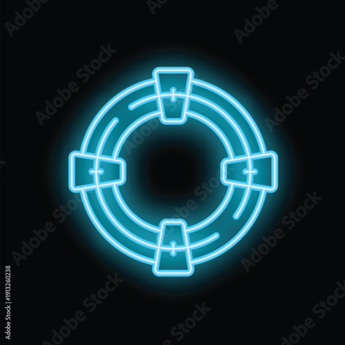 Neon blue lifebuoy glowing on a black background representing safety and rescue