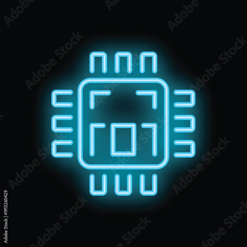 Blue neon cpu microchip icon glowing on black background representing concepts like technology, computing and processing power
