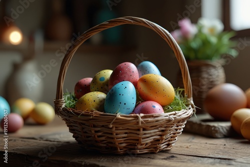 Colorful Easter eggs in a basket on the table