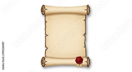 Vintage parchment scroll with red wax seal on white background ancient document template