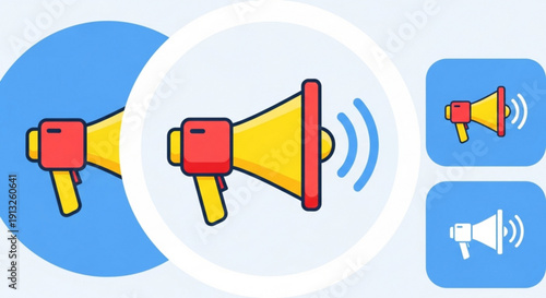 Megaphones for announcements and promotions on blue background with sound waves