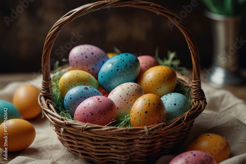 Colorful Easter eggs in a basket on the table