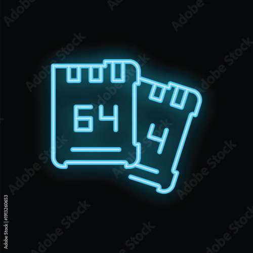 Blue neon icon of two sd memory cards glowing on black background