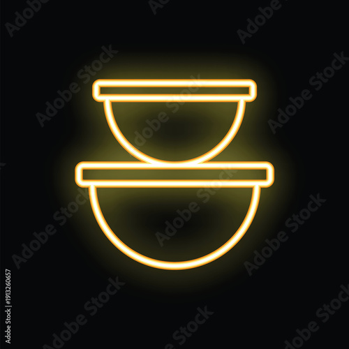 Neon sign showing two yellow bowls, one inverted on top of the other, against a black background