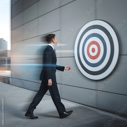 Businessman launching startup rocket icon toward target, representing business growth, innovation, future strategy, goal achievement, and success in digital transformation.