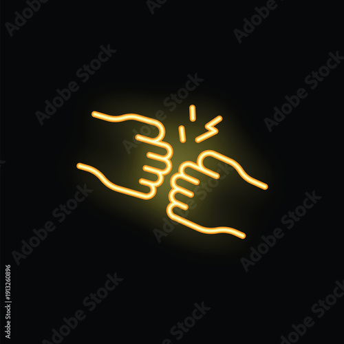 Neon sign of two people giving fist bump to each other on black background