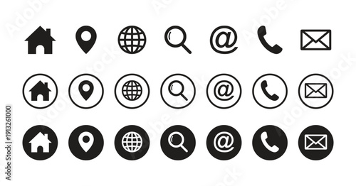 A collection of common icons representing home, location, global connection, search, email and phone. These icons are presented in various styles and are perfect for web design and app interfaces.