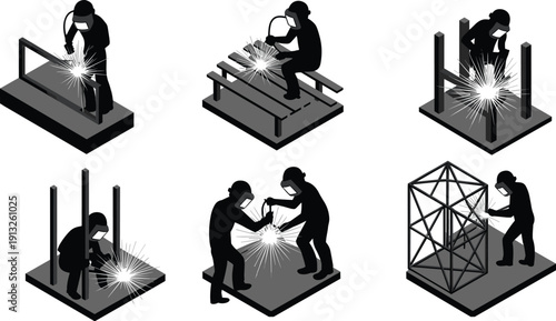Industrial welding worker illustrations showing metal fabrication processes with sparks and safety equipment black vector isometric style isolated on white background