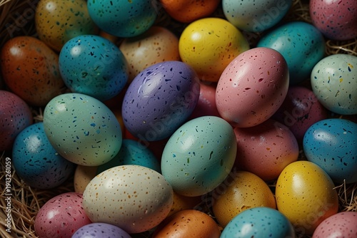 Colorful Easter eggs in a basket on the table