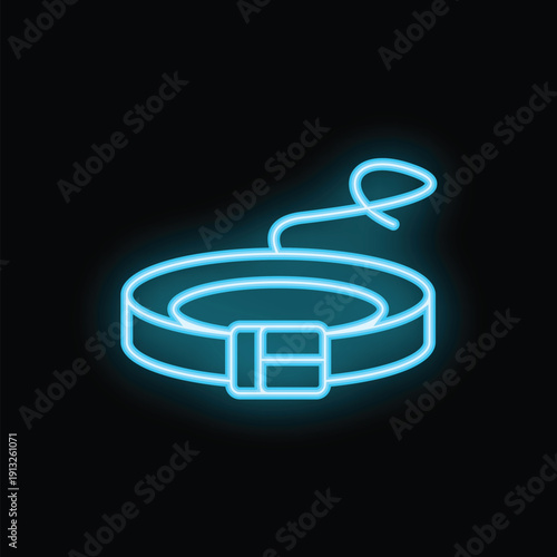 Blue neon sign of a dog collar glowing on a black background