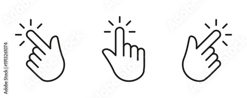 Three graphic representations of a hand cursor with a finger extended and pointing. Each icon depicts a clicking action with radiating lines. These are useful for website design and user interface ele