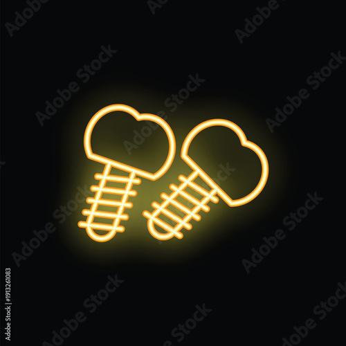 Two glowing neon dental implants are set against a black background