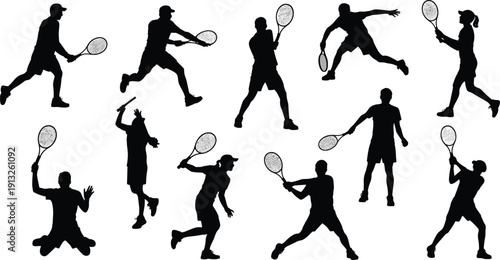 Tennis Player Silhouettes Set in Action Poses, Men and Women Playing Racket Sport, Dynamic Athletic Movement Illustration Isolated on White Background