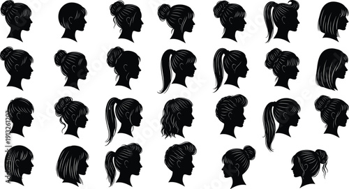Female hairstyle silhouette collection showing diverse women head profiles and hair bun ponytail styles isolated black vector illustration set