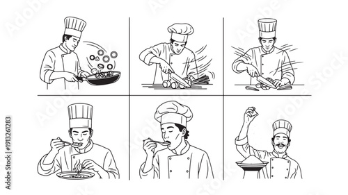 Various chefs engaged in cooking activities, showcasing culinary skills, techniques, and kitchen tasks in a series of illustrations.