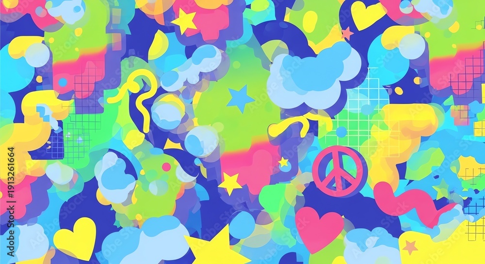 Fototapeta premium Vibrant Abstract Pattern with Hearts, Stars, and Peace Symbols