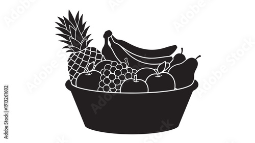 A vibrant fruit arrangement in a bowl, featuring a pineapple, banana, and other fruits, presented in a simple black and white illustration style.