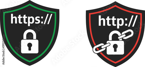 HTTPS versus HTTP security shield icons showing secure and insecure website connection concepts for cybersecurity internet protection and web safety illustration