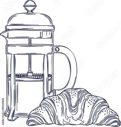 A French press coffee maker beside a croissant on a clean table, viewed from the side, in a simple setting.