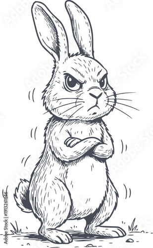 hand drawn style angry rabbit with crossed arms illustration in black fill without any white fill inside the vector shape symbol icon