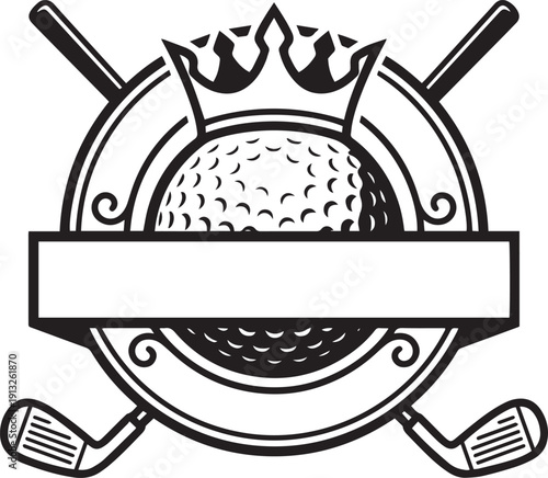 Golf crest with crown, ball, clubs and banner for championship