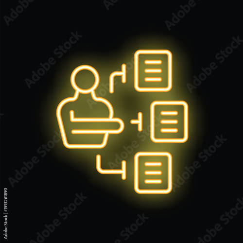 Neon glowing yellow icon representing a businessman managing multiple tasks, symbolizing multitasking, organization, and efficiency